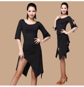 Black hollow shoulder irregular hem skirt simple design women's gymnastics performance competition latin cha cha salsa dance dresses outfits